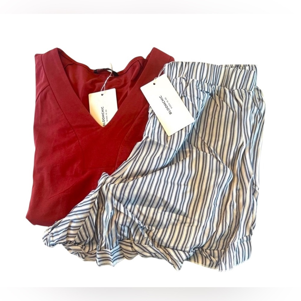 BloomChic Rust Colored Top & Striped Ruffle Trim Shorts PJ Set - Picture 2 of 7